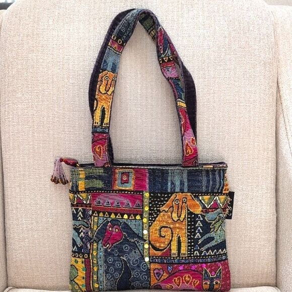 Laurel Burch Multicolor Tapestry Tote Bag Dog Cat Beads Sequins Shoulder Bag - Picture 1 of 14